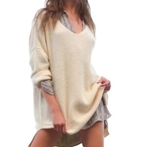 Free People Intimately Cream V Neck Waffle Sweater Oversized Boho Lagenlook XS/S